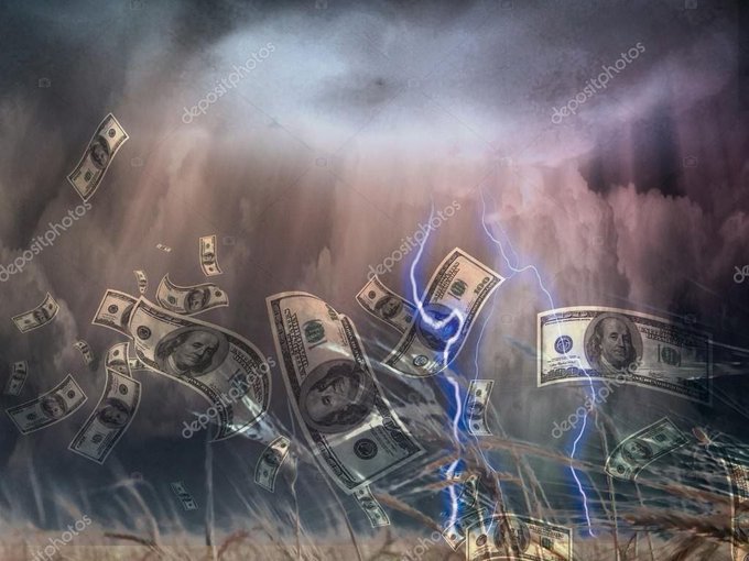The image features a stormy sky with numerous falling US dollar bills, creating an atmosphere of financial turbulence. The money is scattered across the scene, some floating freely while others are caught in mid-air as if being blown by a gust of wind. The dark and cloudy sky serves to emphasize the chaotic nature of the situation depicted in the image.