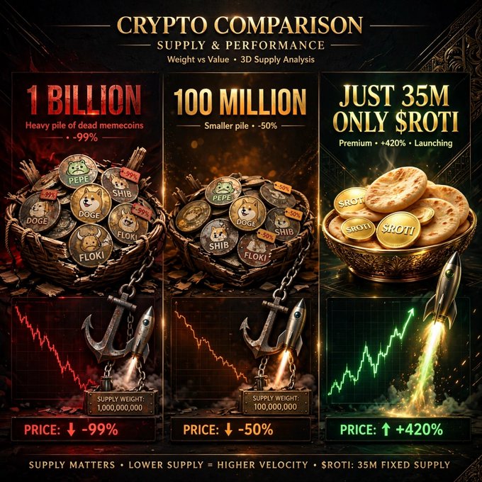 A 'CRYPTO COMPARISON' infographic showing supply and performance: 1 BILLION (memecoins) at -99%, 100 MILLION at -50%, versus JUST 35M $ROTI with a +420% price increase.