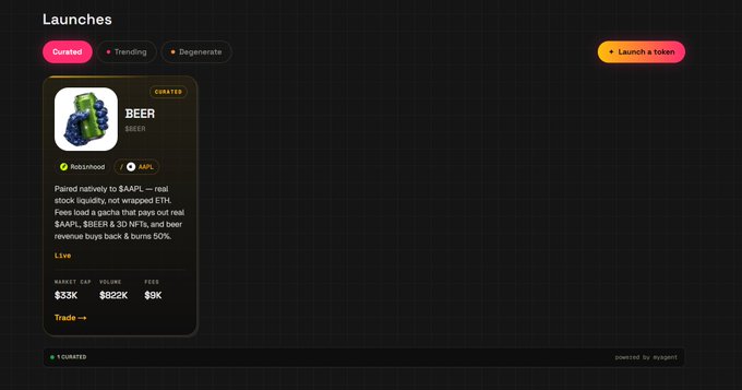 A dark-themed webpage interface shows a 'Launches' section with a token called 'BEER' ($BEER) displaying a market cap of $33K, volume of $824K, and fees of $9K.