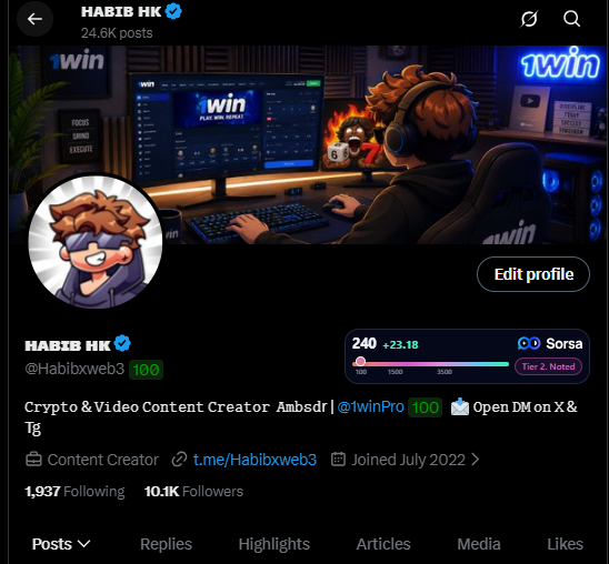 A social media profile page for 'HABIB HK' (@Habibxweb3), a Crypto & Video Content Creator with 10.1K followers and a Sorsa NFT tier, showing a banner image of a person gaming at a multi-monitor setup.
