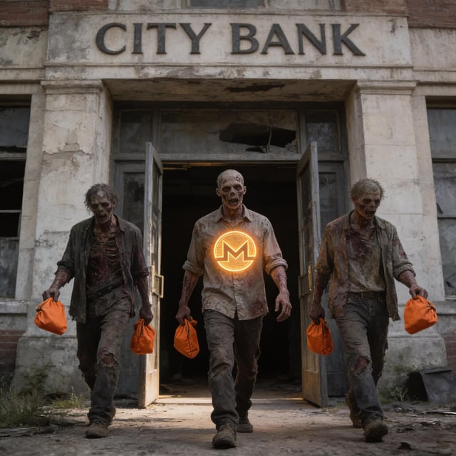 Three decayed zombies emerge from the weathered entrance of a "CITY BANK" carrying orange money bags, with the central figure bearing the glowing Monero (XMR) logo on his chest, visually depicting a crypto bank run.