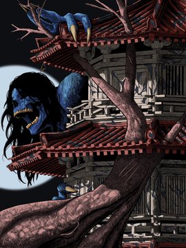 An illustration of a blue-skinned monstrous creature with long black hair and sharp teeth, lurking among the wooden structures and branches of a tree against a moonlit night sky.