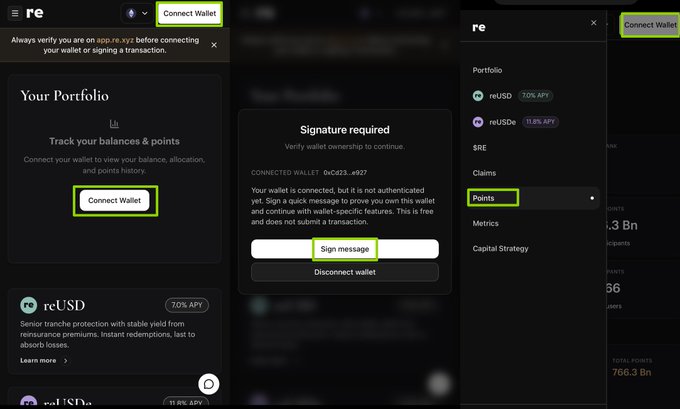 A screenshot of a crypto or DeFi interface showing three panels with 'Connect Wallet', 'Sign message', and 'Points' buttons highlighted in green, displaying portfolio information for reUSD and reUSDe tokens.