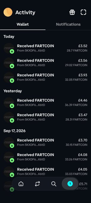 A mobile app screenshot displays a cryptocurrency wallet activity log showing multiple 'Received FARTCOIN' transactions with amounts in British pounds and FARTCOIN.