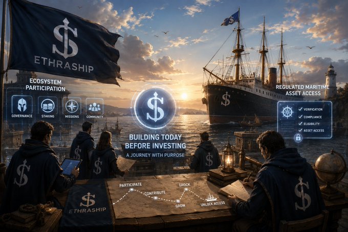 A promotional graphic for 'ETHRASHIP' featuring a maritime scene with a large ship, people in hoodies, and text about 'ECOSYSTEM PARTICIPATION,' 'BUILDING TODAY BEFORE INVESTING,' and 'REGULATED MARITIME ASSET ACCESS.'