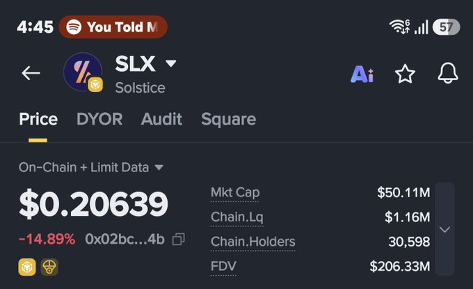 A mobile screenshot of CoinGecko showing Solstice (SLX) priced at $0.20639, down 14.89%, with a $50.11M market cap—visually confirming the post's claim that the token has dumped from $0.57 to around $0.20 after a token unlock event, resulting in a dramatically reduced allocation value.