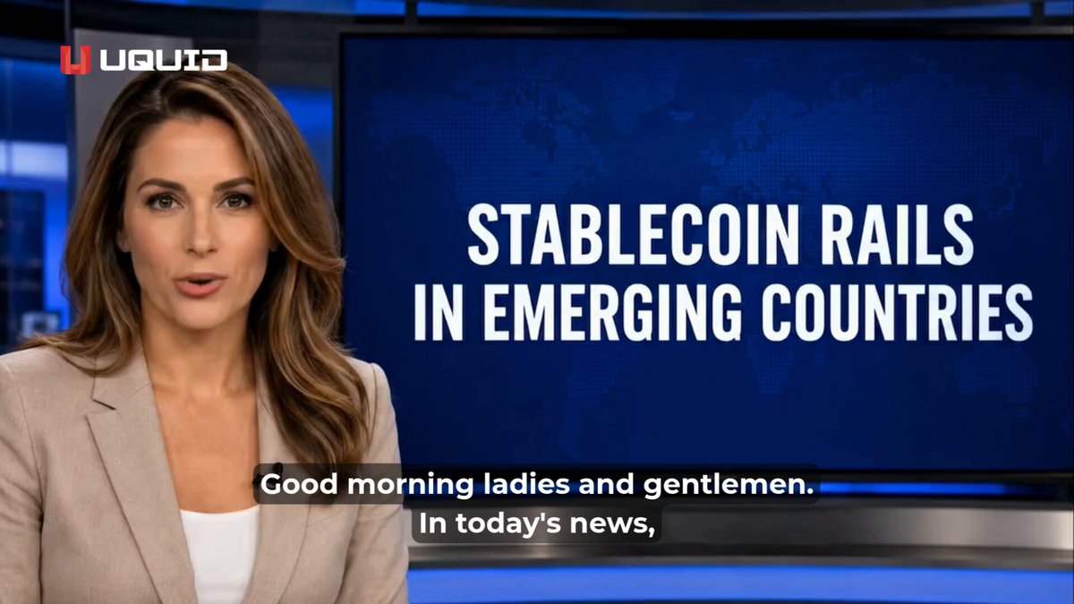 The image features a woman wearing a white blouse and beige jacket standing next to a television screen displaying text about stablecoins. The TV screen also shows a map of the world with the words "Stablecoin Rails In Emerging Countries" written on it, indicating that the discussion is related to the use of stablecoins in emerging markets.