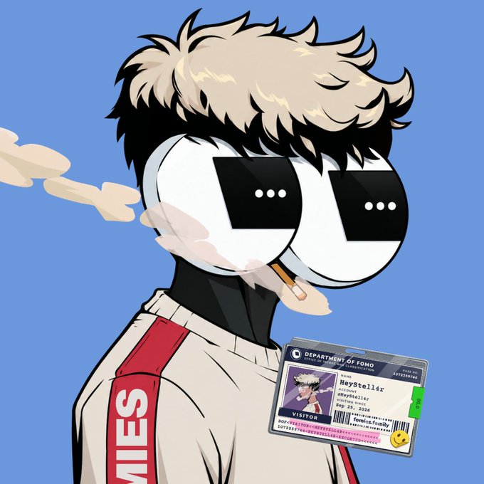 An anime-style character with fluffy blonde hair and black sunglasses smoking a cigarette, wearing a jacket with 'MIES' on it, and holding an ID card labeled 'HeyStellar' from the 'DEPARTMENT OF FOMO'.