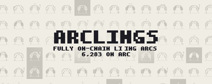 The image is a promotional banner for "ARCLINGS," featuring pixel-art arch-like characters arranged in a grid pattern as the background. The center displays bold pixel-style text reading "ARCLINGS - FULLY ON-CHAIN L1 LIVE ARCS - 6,283 ON ARC," which highlights the collection's 6,283 supply and its launch on the Arc blockchain, aligning with the giveaway post's details.