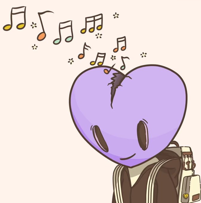 A cute illustration features a purple heart-headed character wearing a hoodie with a backpack, with colorful musical notes and sparkles floating above the cracked heart.