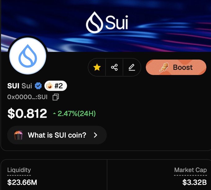 A cryptocurrency listing for SUI showing a price of $0.812, up 2.47% in 24 hours, with a market cap of $3.32B and liquidity of $23.66M.