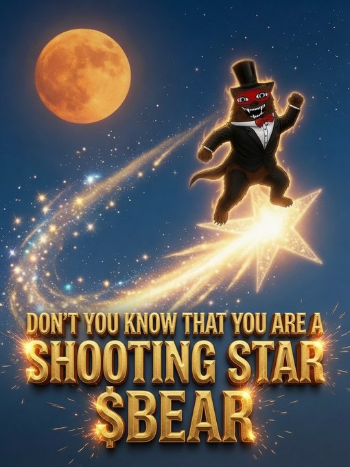 A promotional graphic for '$BEAR' featuring a bear in a top hat riding a shooting star past an orange moon, with text reading 'DON'T YOU KNOW THAT YOU ARE A SHOOTING STAR'.