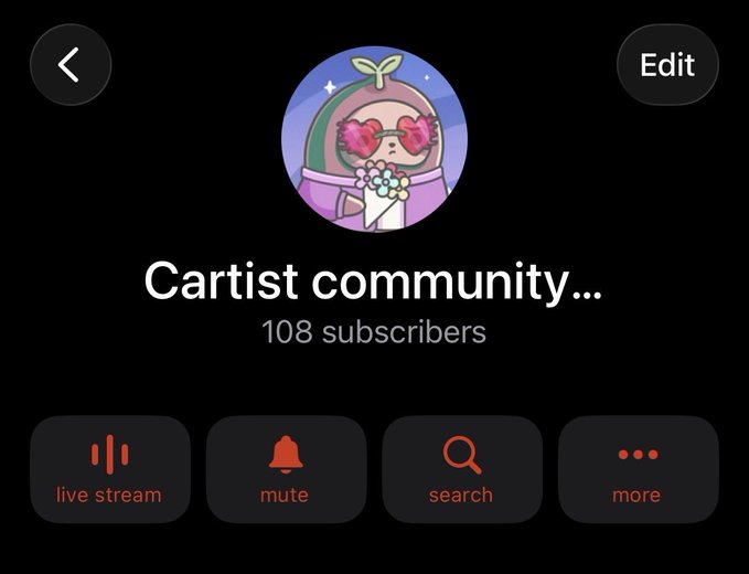 A screenshot of a Telegram or similar app community page called "Cartist community..." with 108 subscribers, featuring a cartoon avatar and options for live stream, mute, search, and more.