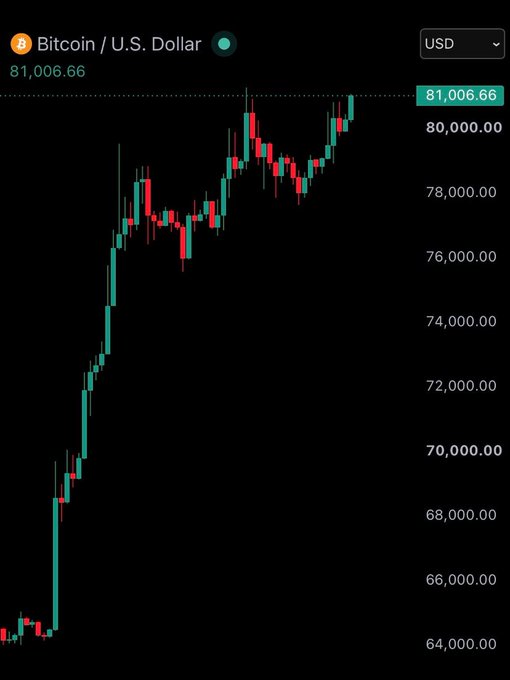 A financial chart displays Bitcoin (BTC) to U.S. Dollar (USD) trading data, showing a candlestick price trend rising to approximately $81,006.66.