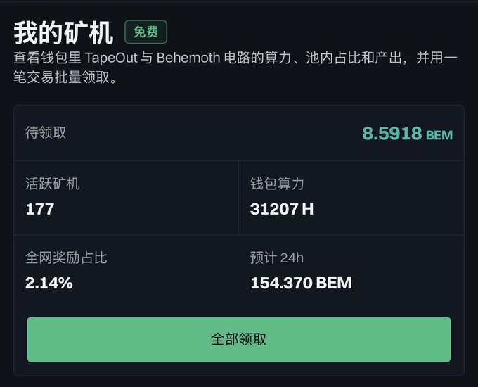 The screenshot shows a Chinese-language mining dashboard titled "我的矿机" (My Mining Rig) displaying 8.5918 BEM pending claims, 177 active rigs, 31,207 H of wallet power, a 2.14% network reward share, and an estimated 154.370 BEM in 24 hours, with a green "全部领取" (Claim All) button.

It ties to the post's motivational message by visualizing the tangible results of "powering up"—showing the hashrate, active rigs, and accumulated BEM rewards that fuel continued belief and reinvestment in the mining effort.