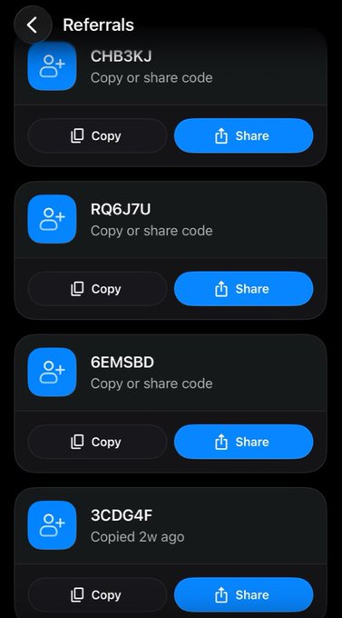 A mobile app interface titled 'Referrals' displays four referral codes (CHB3KJ, RQ6J7U, 6EMSBD, and 3CDG4F), each accompanied by 'Copy' and 'Share' buttons.