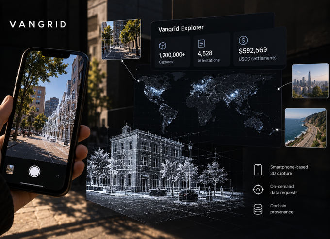 A Vangrid Explorer promotional image showing smartphone-based 3D capture with 1,200,000+ captures, 4,528 attestations, and $592,569 USDC settlements, featuring a world map and city imagery.