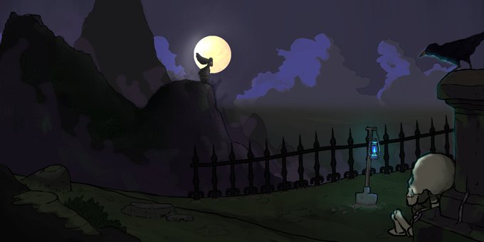 A dark, atmospheric cartoon illustration showing a small skeleton character sitting near an iron fence with a glowing lantern, while a shadowy figure sits on a cliff against a full moon in the background.