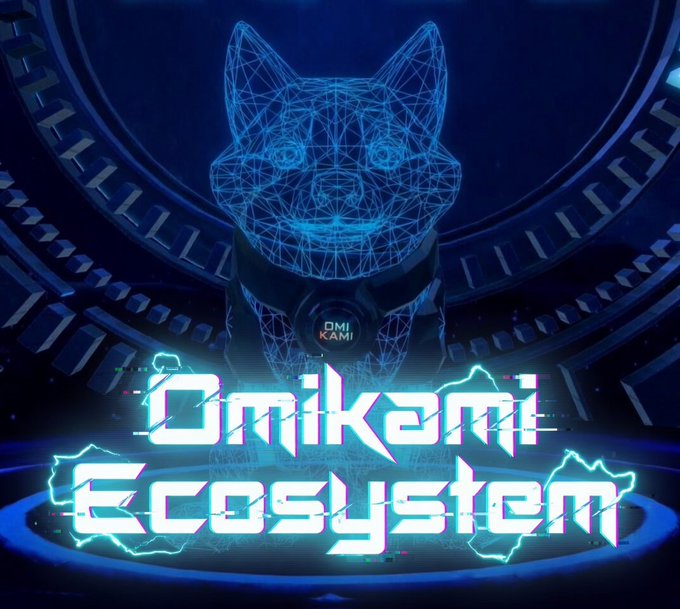 A futuristic blue digital wireframe of a Shiba Inu dog head with the text 'Omikami Ecosystem' displayed below in a glowing tech-style font.