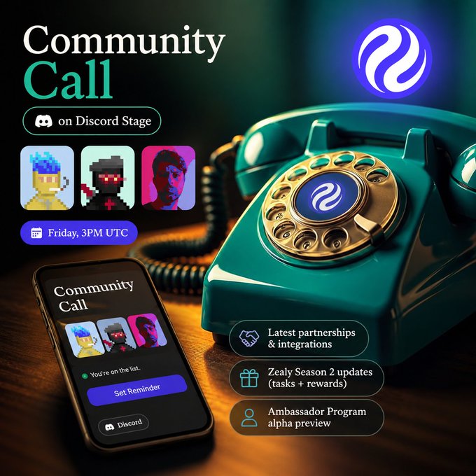 A promotional image for an Injective 'Community Call' on Discord Stage on Friday at 3PM UTC, featuring a vintage green rotary phone, a smartphone with a reminder app, and details about latest partnerships, Zealy Season 2 updates, and the Ambassador Program alpha preview.