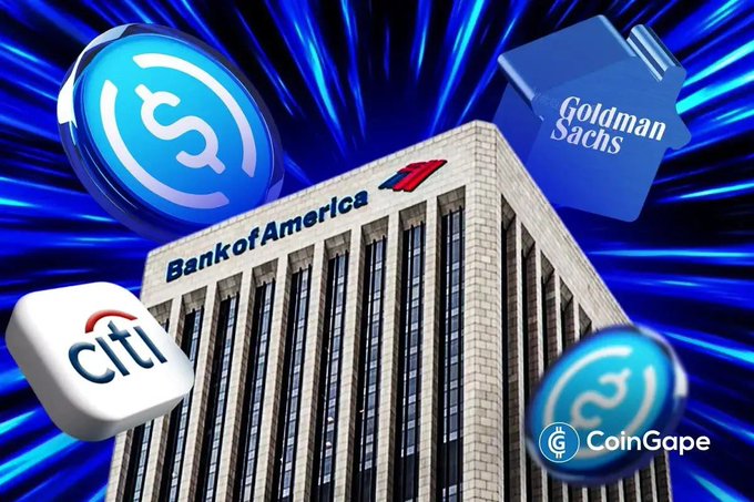 A composite image showing the Bank of America building alongside logos for USDC, Citi, Goldman Sachs, and a CoinGape watermark on a blue radial background.