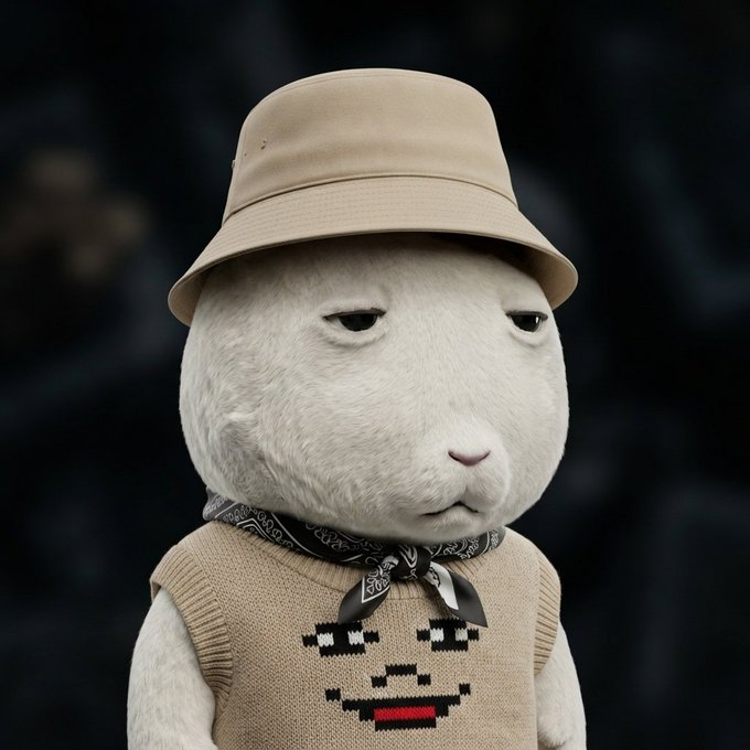 A white cat character wearing a beige bucket hat, a bandana, and a sweater vest featuring a pixel art smiley face design.