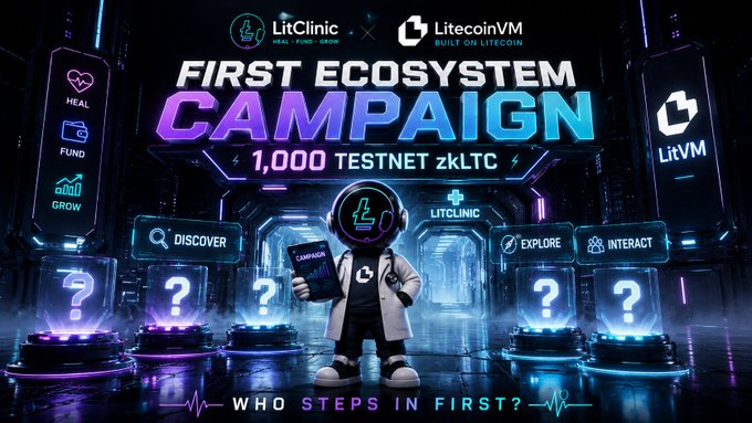 A neon-styled promotional banner for a 'First Ecosystem Campaign' by LitClinic and LitecoinVM, offering '1,000 TESTNET zkLTC' and featuring a character in a lab coat surrounded by question marks.