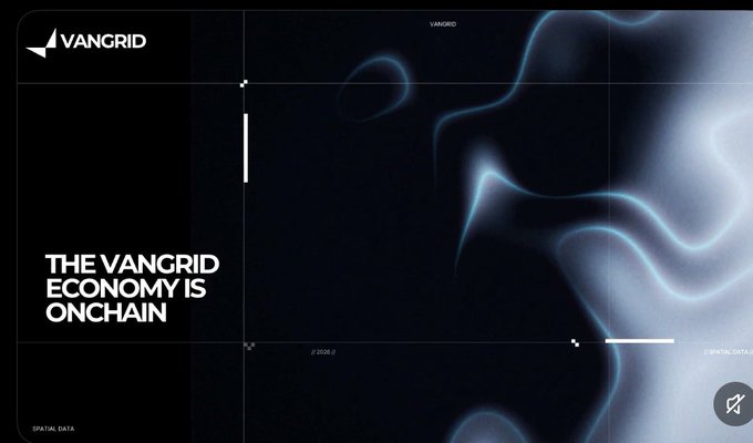 A digital interface displaying 'VANGRID' and 'THE VANGRID ECONOMY IS ONCHAIN' with abstract blue swirling patterns.