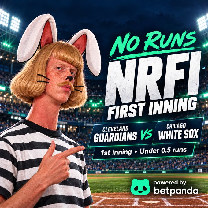 A sports betting promotional graphic featuring a man in a blonde wig with bunny ears and whiskers, advertising "No Runs NRFI First Inning" for a Cleveland Guardians vs Chicago White Sox game, "powered by betpanda".