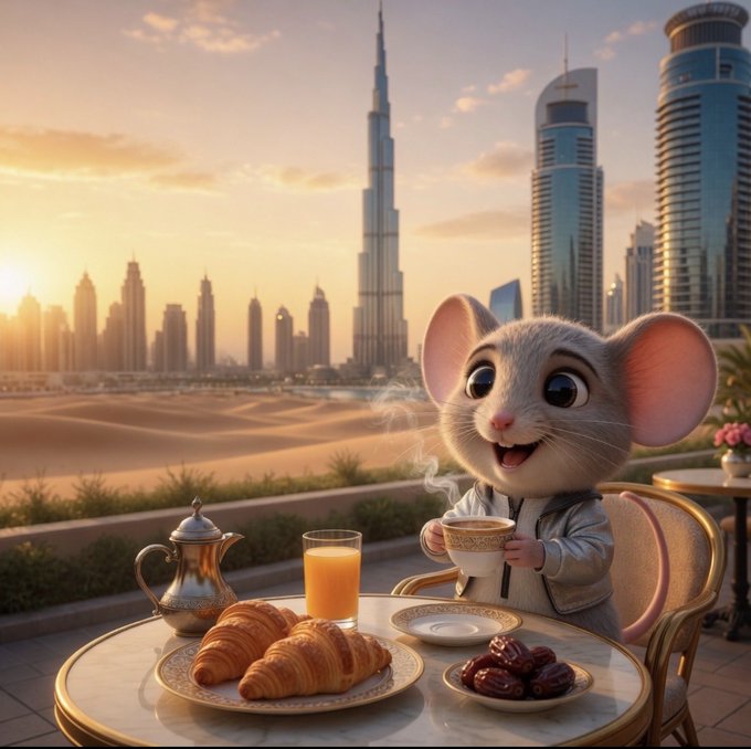 A 3D-rendered cartoon mouse with large ears sits at an elegant table with croissants, orange juice, dates, and a teapot, with the Dubai skyline featuring the Burj Khalifa visible in the sunset background.