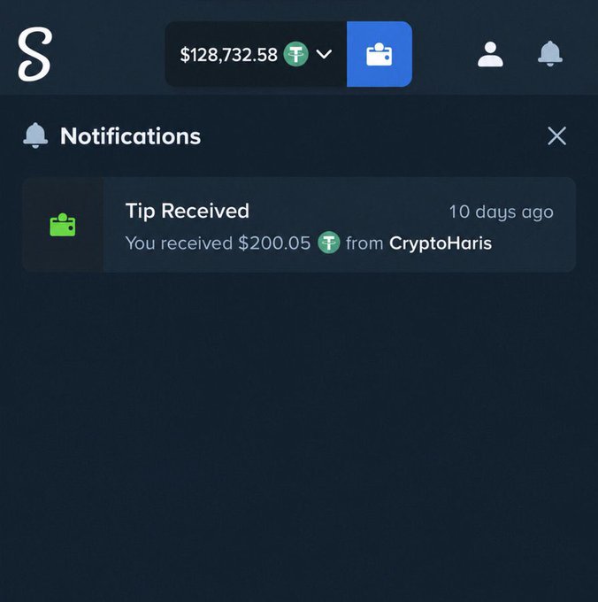 A screenshot of a Stake.com notifications panel showing a balance of $128,732.58 in Tether (₮) alongside a "Tip Received" alert from 10 days ago stating "You received $200.05 ₮ from CryptoHaris," which serves as proof of the tip the user @Crypto__Haris promised to send to 20 followers who comment their Stake username.