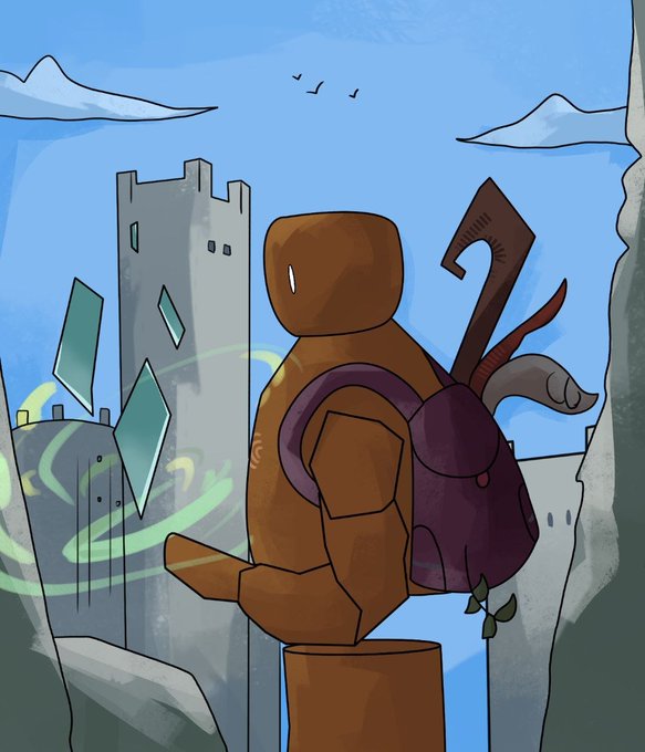 Digital artwork showing a brown, stone-like character with white eyes carrying a purple backpack and weapons, looking toward a tower in the distance.