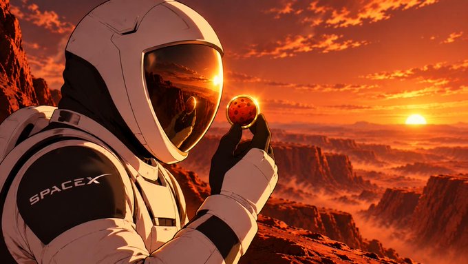 A SpaceX astronaut stands against a Martian landscape at sunset, holding a small red planet-like sphere. The "SPACEX" logo is visible on the suit, with the image visually reinforcing the post's focus on $MarsCoin by evoking themes of Mars exploration and crypto potential.