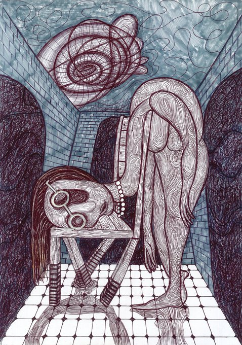 A surreal, hand-drawn illustration depicts a nude, long-haired female figure standing beside a wooden chair in a room with brick walls, a checkered floor, and a swirling, eye-like entity floating on the ceiling.