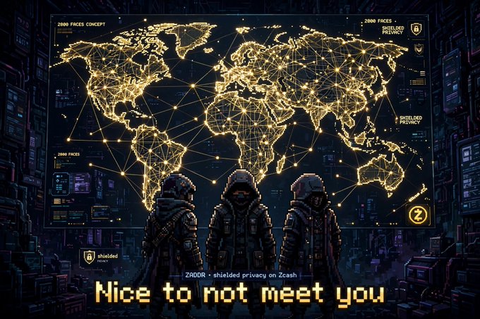 A stylized digital illustration depicts three hooded figures standing before a glowing world map network, with the text 'Nice to not meet you' and 'ZRODR - shielded privacy on Zcash' displayed at the bottom.