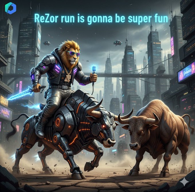 An AI-generated cyberpunk image featuring an anthropomorphic lion in futuristic armor riding a mechanical bull while facing a charging regular bull, with the text 'ReZor run is gonna be super fun' displayed at the top.