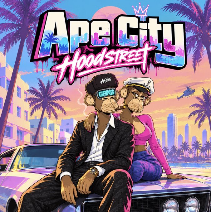 A vibrant, stylized poster titled 'Ape City Hoodstreet' depicting two cartoon apes—one in a suit with 'GRAVIS' sunglasses and a cigar, the other in a pink top and sailor hat—sitting on a car against a sunset city backdrop.