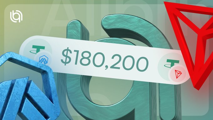A digital graphic displays a balance of '$180,200' alongside large 3D crypto symbols including a blue hexagonal coin, a green coin, and a red triangular coin.