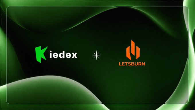 Promotional graphic featuring the logos of "Kiedex" and "LETSBURN" separated by a star symbol on a dark green abstract background.