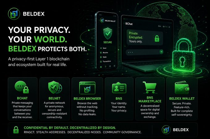 The image is a promotional banner for **Beldex**, featuring the tagline "YOUR PRIVACY. YOUR WORLD. BELDEX PROTECTS BOTH." It showcases six ecosystem components: **BChat** (private messaging), **BELNET** (privacy network), **BELDEX BROWSER**, **BNS** (identity), **BNS Marketplace**, and **BELDEX WALLET**, along with messaging highlighting "Confidential by default. Decentralized by design" through ringCT, stealth addresses, decentralized nodes, and community governance.

In relation to the post about blockchain resilience, the image illustrates Beldex's privacy-first Layer 1 design as an example of a decentralized ecosystem built to withstand network stress, emphasizing the infrastructure (decentralized nodes, self-sovereign wallets, censorship-resistant connectivity) that underpins true recovery and resilience beyond simply producing new blocks.