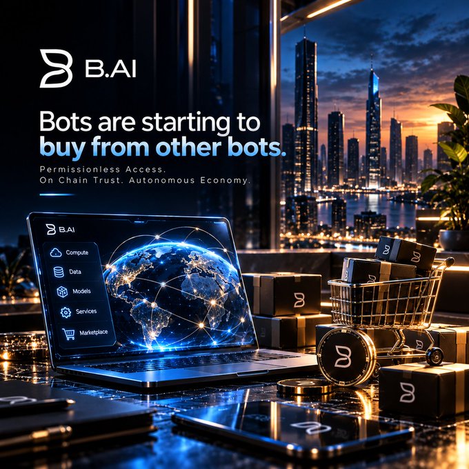 A promotional graphic for B.AI featuring the tagline "Bots are starting to buy from other bots" with subtext "Permissionless Access. On Chain Trust. Autonomous Economy," showing a laptop interface and a shopping cart filled with branded boxes.