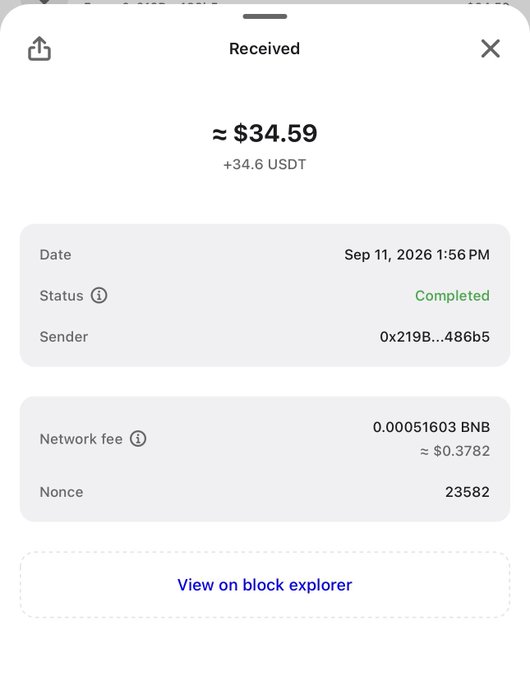 A cryptocurrency transaction receipt showing 'Received ≈ $34.59 (+34.6 USDT)' on Sep 11, 2026, with a network fee of 0.00051603 BNB (≈ $0.3782).