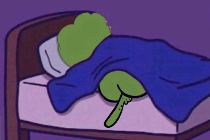 A cartoon depicts a green tree-like figure sleeping in bed under a blue blanket, humorously illustrating the "sleeping giant" metaphor from the post about a dormant stock ready to awaken on base.