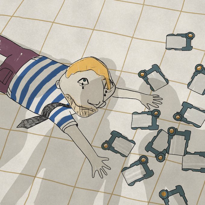 An illustration showing a person with blonde hair and a striped shirt lying on a tiled floor, reaching toward several scattered mechanical or technological objects scattered around them.