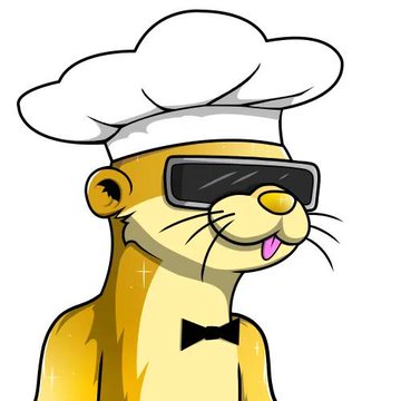 A cartoon cheetah-like mascot wearing a white chef's hat, sunglasses, and a black bowtie.