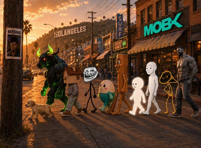 A lineup of various meme characters walking through a Los Angeles street scene, with a "MOBK" ticker displayed prominently on a building sign, suggesting the group is headed to bid on or promote the MOBK token.