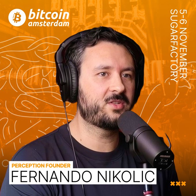 A promotional graphic for Bitcoin Amsterdam features Perception founder Fernando Nikolic wearing headphones and speaking into a microphone, advertising the event at SugarFactory on 5-6 November. The image ties into the post announcing his upcoming panel discussing whether the "Bitcoin monoculture" is dead, alongside Dan Held, Cory Swan, and Matyas Cook on November 5th.