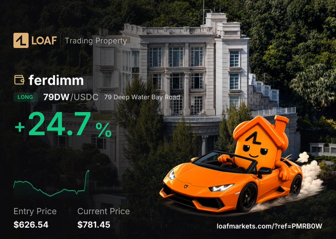 A LOAF Trading Property dashboard showing 'ferdimm' LONG position at 79DW/USDC with a +24.7% gain, featuring a cartoon house character in an orange Lamborghini.