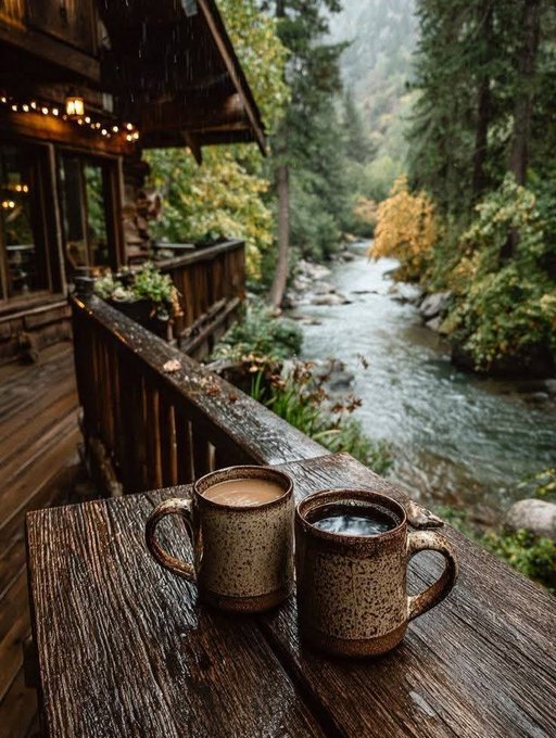 Two ceramic mugs filled with coffee sit on a wet wooden deck overlooking a flowing river and lush forest, with string lights decorating the adjacent cabin.