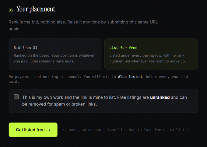 A placement page interface offering 'Bid from $1' or 'List for free' options with a green 'Get listed free' button.